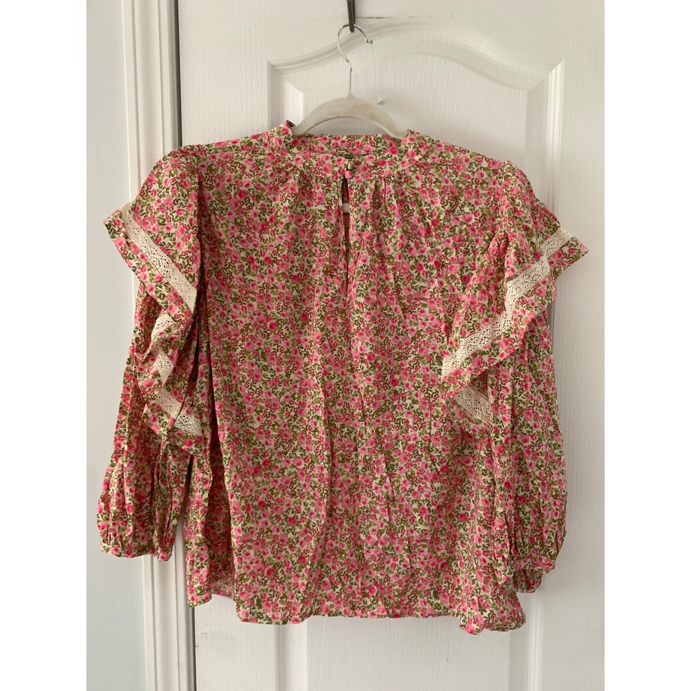 Who What Wear Floral Ruffle Lace Trim Blouse Pink Green Cottagecore Large